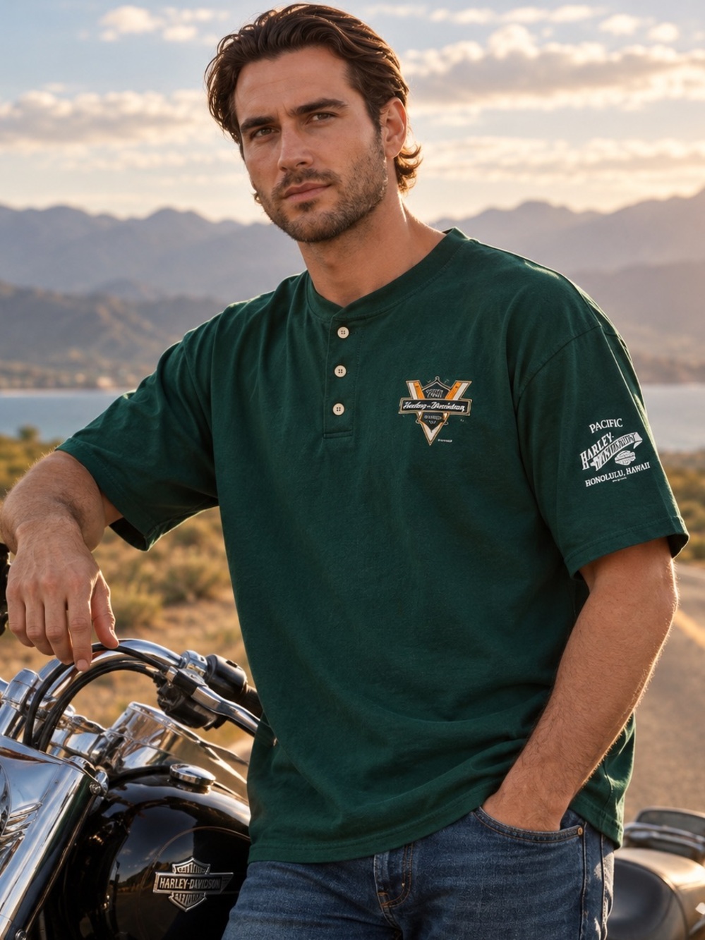 Vintage 1990s Harley-Davidson Green Henley T-Shirt XL |Honolulu Hawaii |Made USA